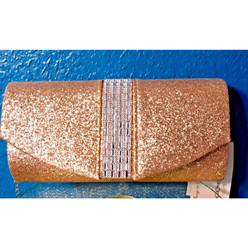 NWT Sasha New York Gold Glitter Silver Rhinestone Envelope Clutch Evening Purse - Picture 2 of 13